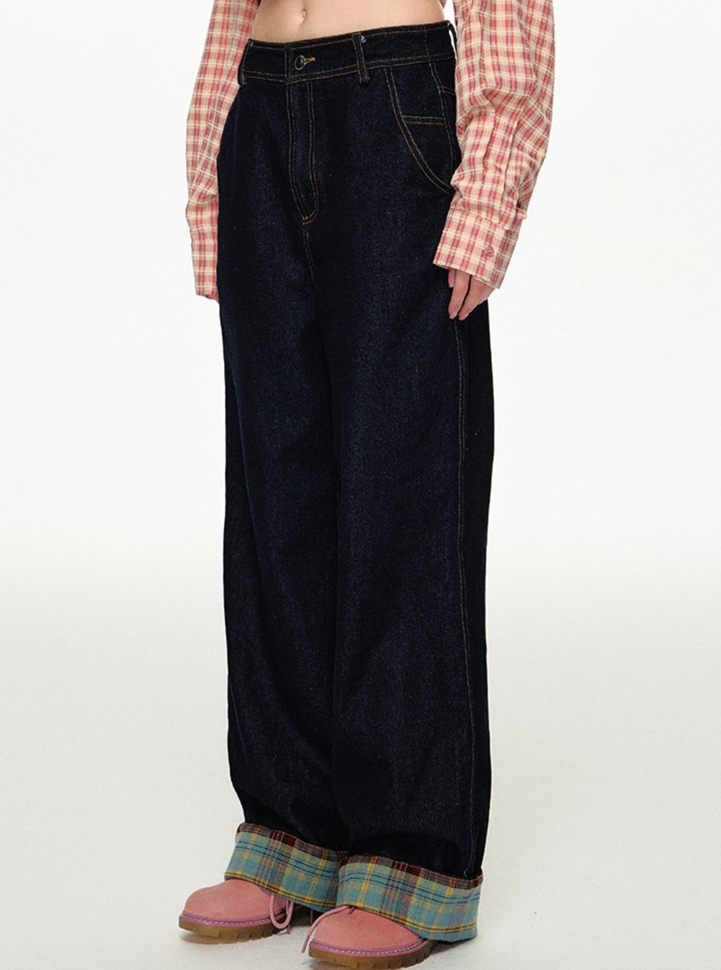 CyNi vintage plaid panels, basic jeans, pants, wide-leg pants, straight-leg pants, mopping casual and relaxed Hong Kong style