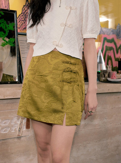 Chinese Disc Buckle Slit Skirt