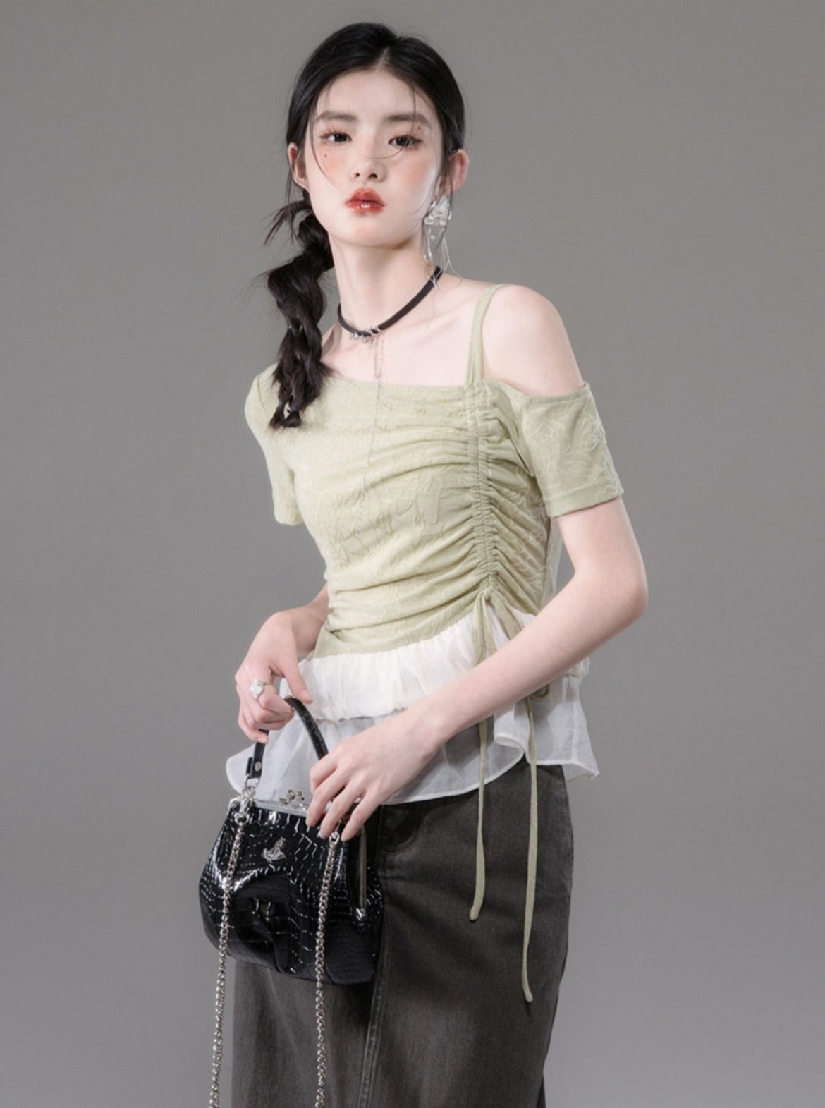 Green Knitted Jacquard Patchwork Top