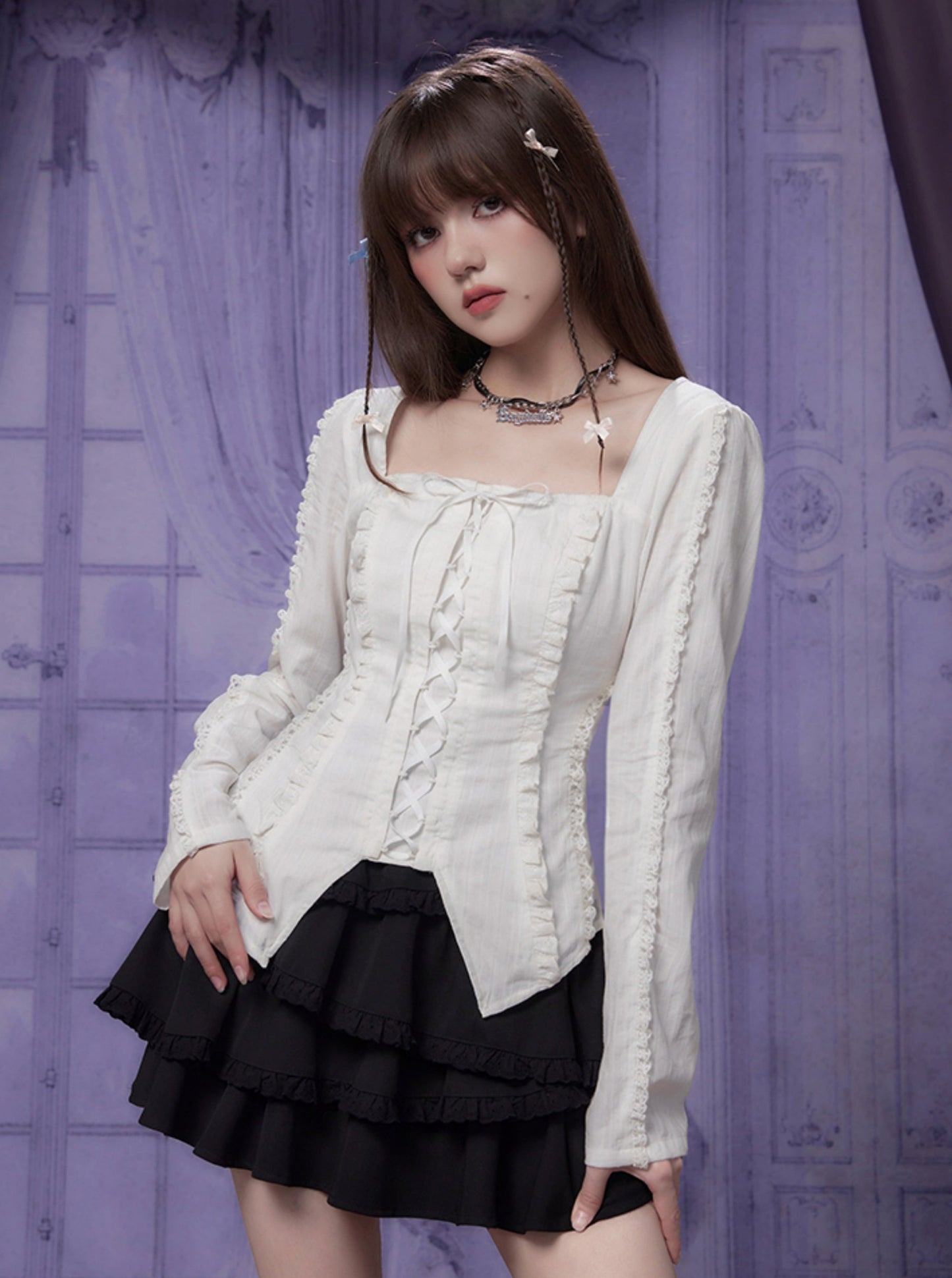 French Sweet White Square Neck Shirt