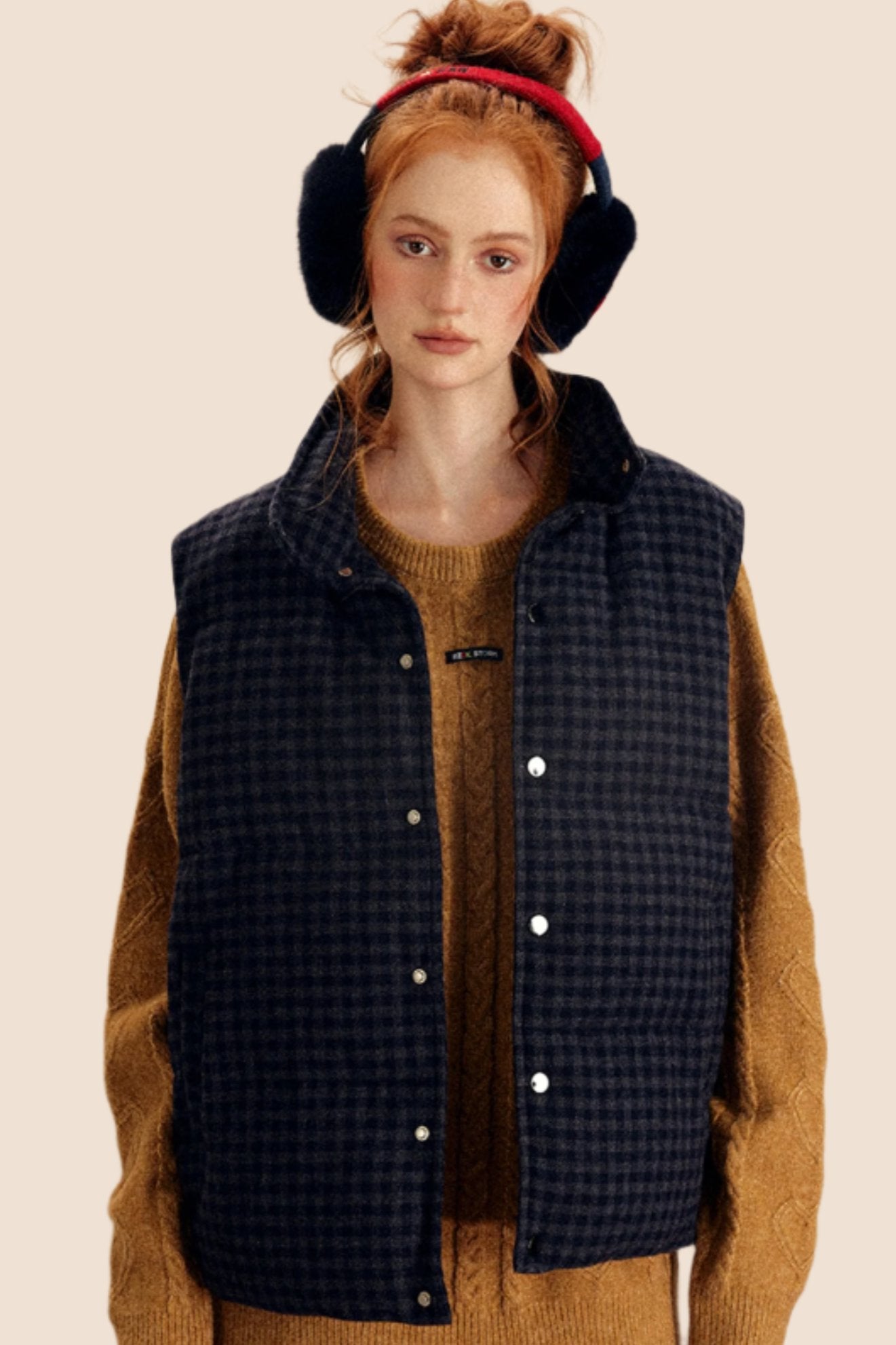 EZEK American Retro Winter 90 White Duck Down Jacket Vest Women's Warm Stand Collar Plaid Vest Jacket