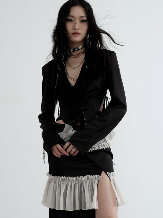 Waistless Pleated Textured Satin Coat