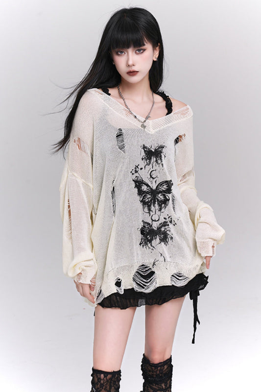 Ghost girl, cut-out smock, knitwear top, women's sense of luxury, sense of design, niche sweater, wasteland style wear