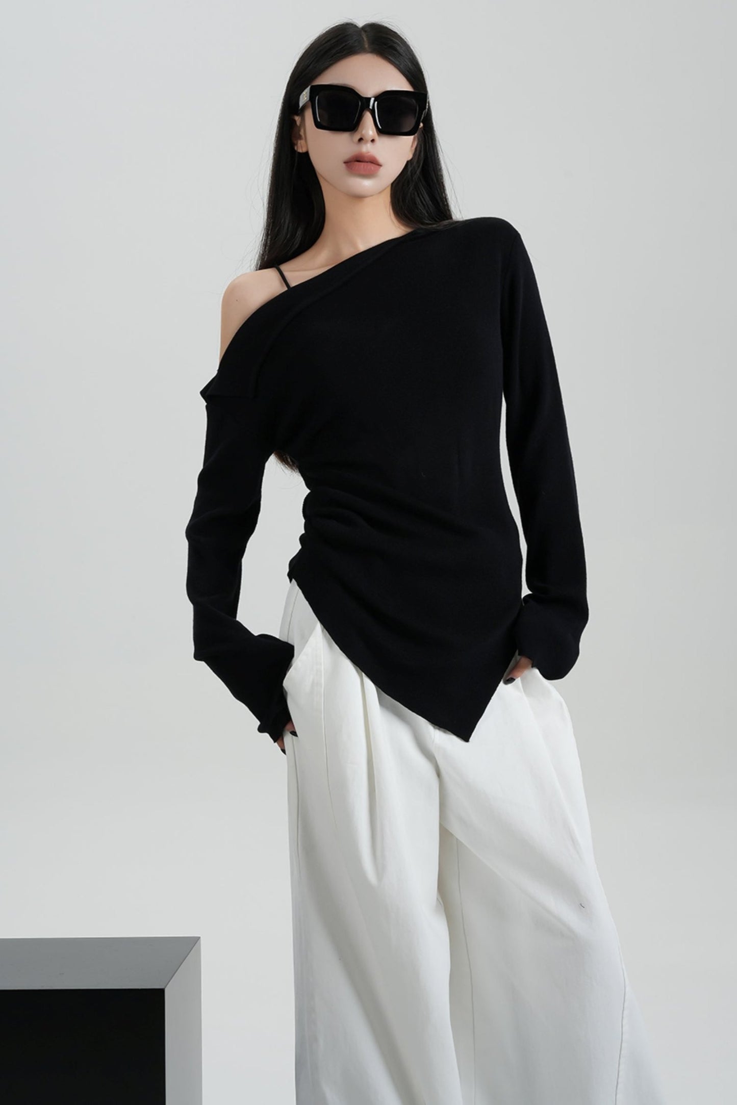 Straight Neckline Slanted Shoulder Sweater