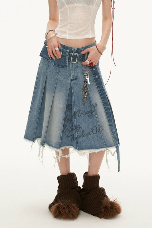 Vintage Belt Bag Decorated PLEATED DENIM SKIRT