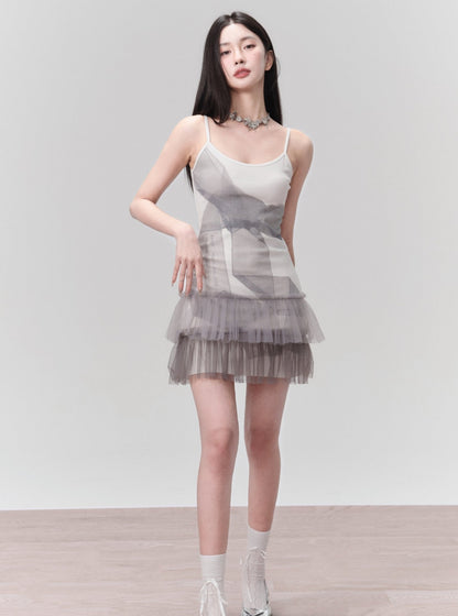 Gray Bow Mesh Slip Dress