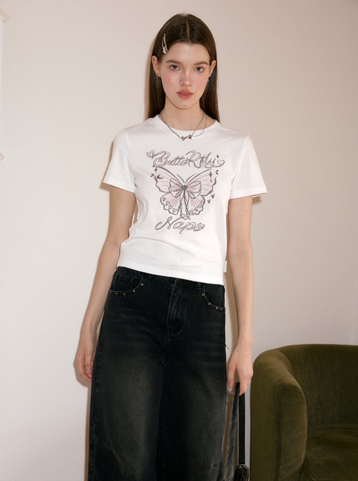 Original Hand Drawn Butterfly Print Short Top