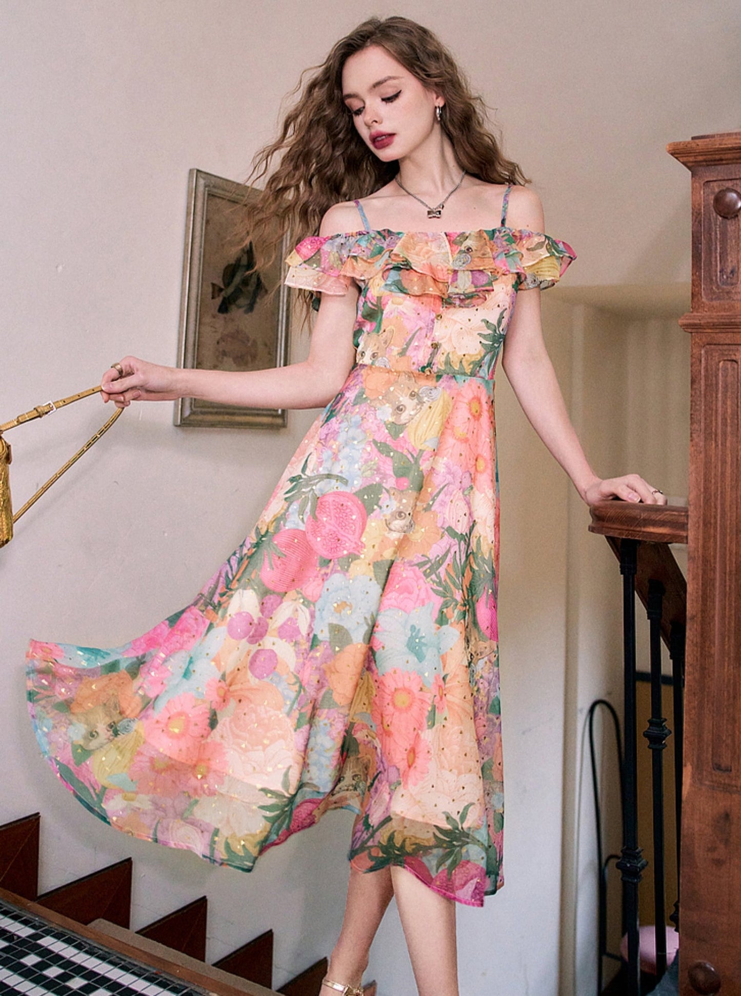 Shoulder Floral Slip Dress