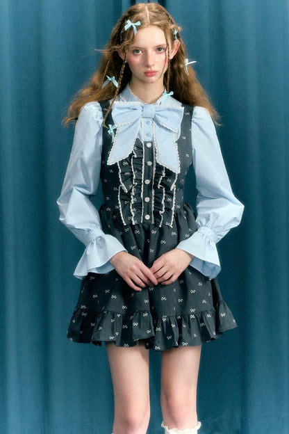 Erzähler Original Design blau grau Bogen College Puffärmel lange Ärmel gefälschte zweiteilige Kleid Tutu