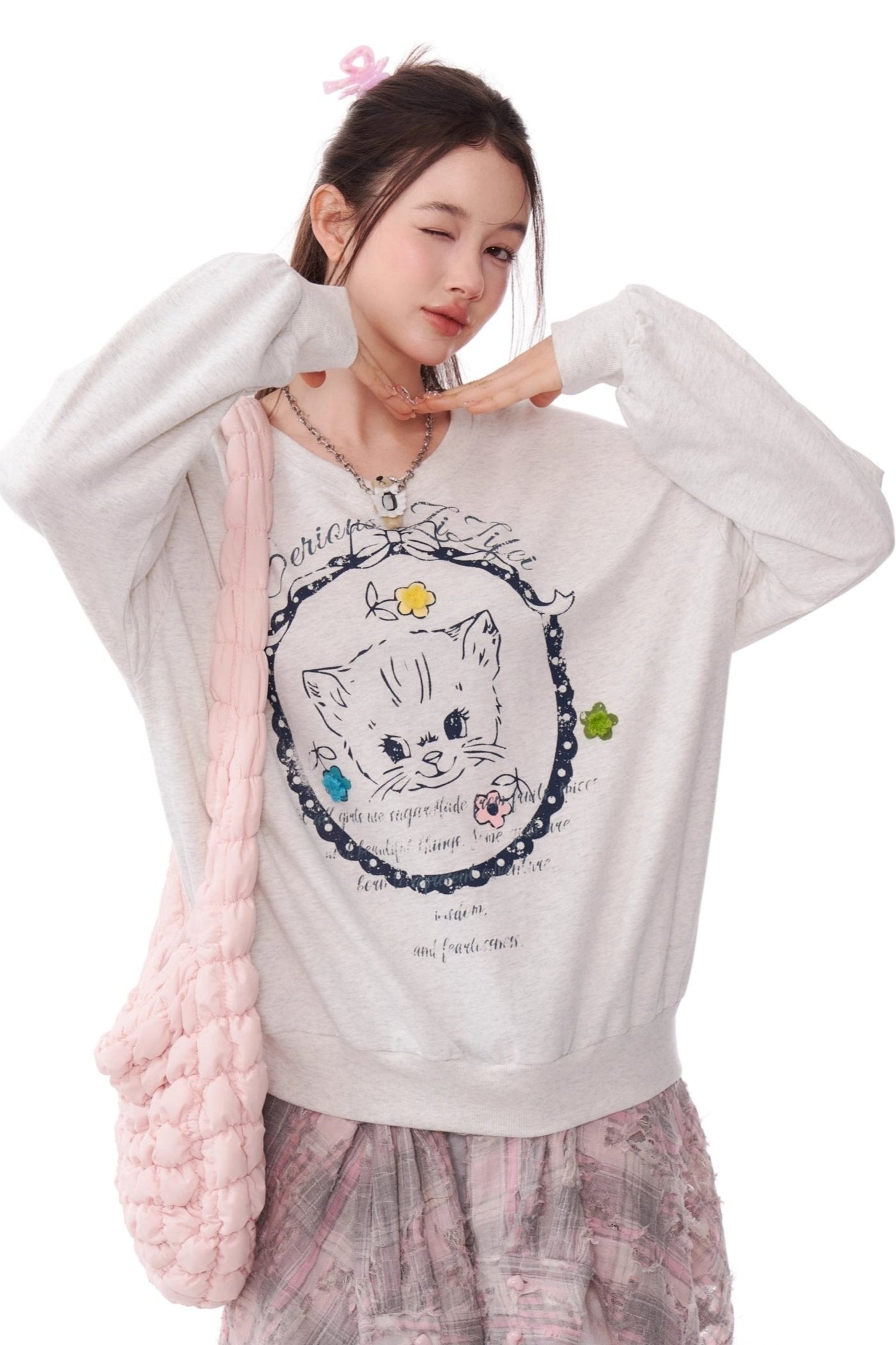 Cat Print Drawstring Loose Sweatshirt