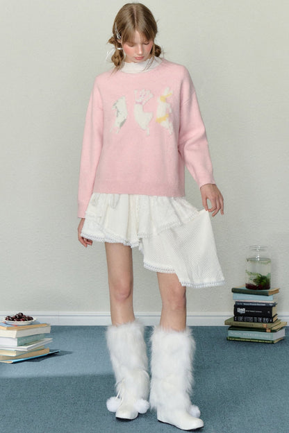 AYF Plush Bunny Sweater Fall/Winter French Vintage Sweet Lazy Loose Crew Neck Pullover Knit Sweater Women