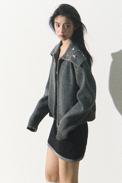 OAKMOO "Fifth Season" beaded thick navy neck knitted sweater women's fall/winter heavy industry loose coat