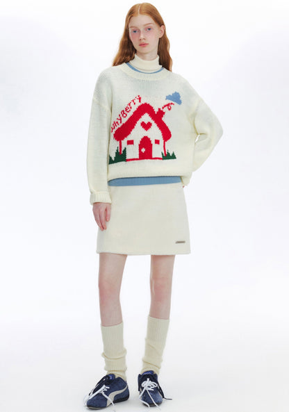 WhyBerry 24AW "Fairy Tale House" Cute Loose Little House Pullover Einfache Rundhalsausschnitt Lazy Style