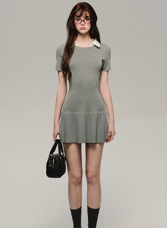 Grey College Knit Pleated Dress
