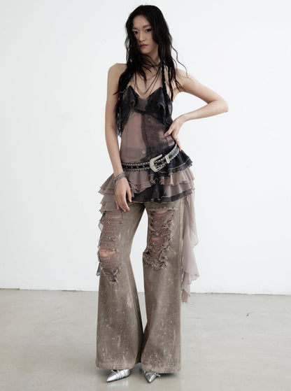 JNYLON-24SS Dark Fairy Wandering Wind Dirty Smudge Print Nude Irregular Chiffon Suspender