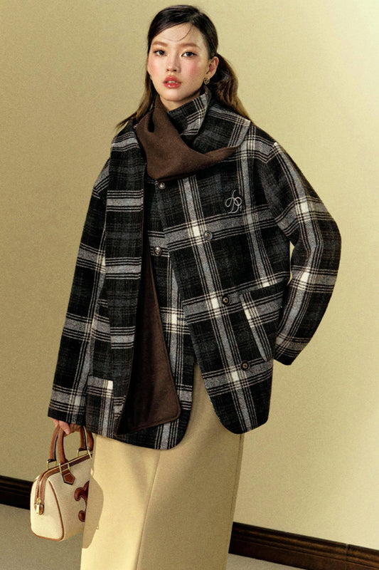 [New on September 26th] ANDYET AD1 ORIGINAL CHECKED WOOLEN JACKET WITH A SHORT LOOSE AND VERSATILE SCARF