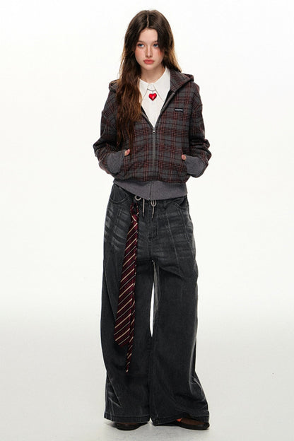 Plaid Hooded Cardigan Sweatshirt Zip Up Jacket