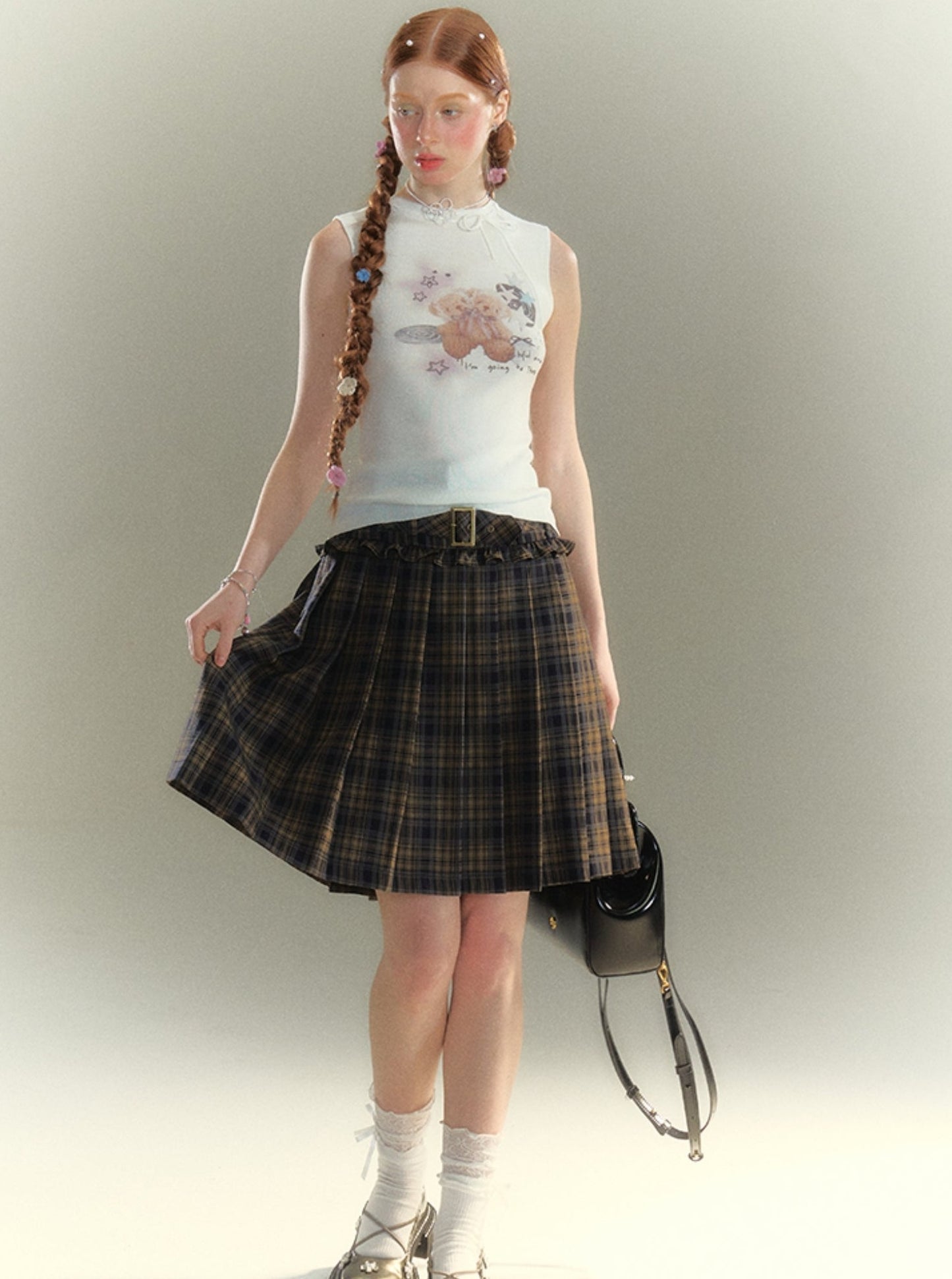 American Double Belt Pleated Skirt