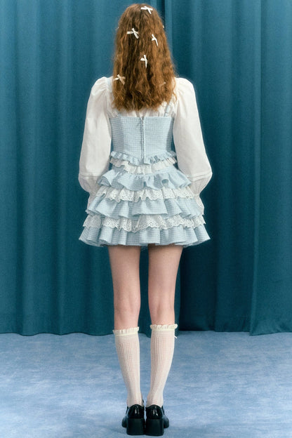 Powder Blue Tweed Ruffle Corset Top