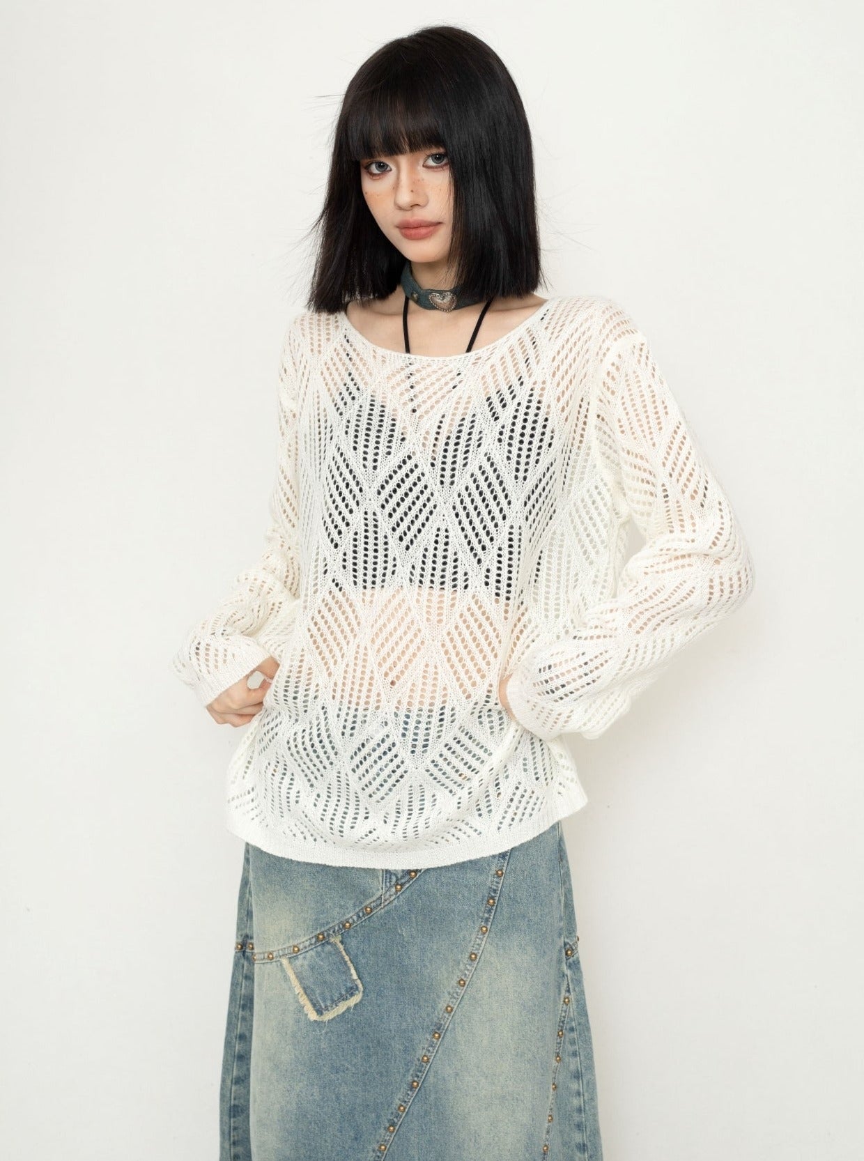 Cut-Out Mesh Pullover Knit Top