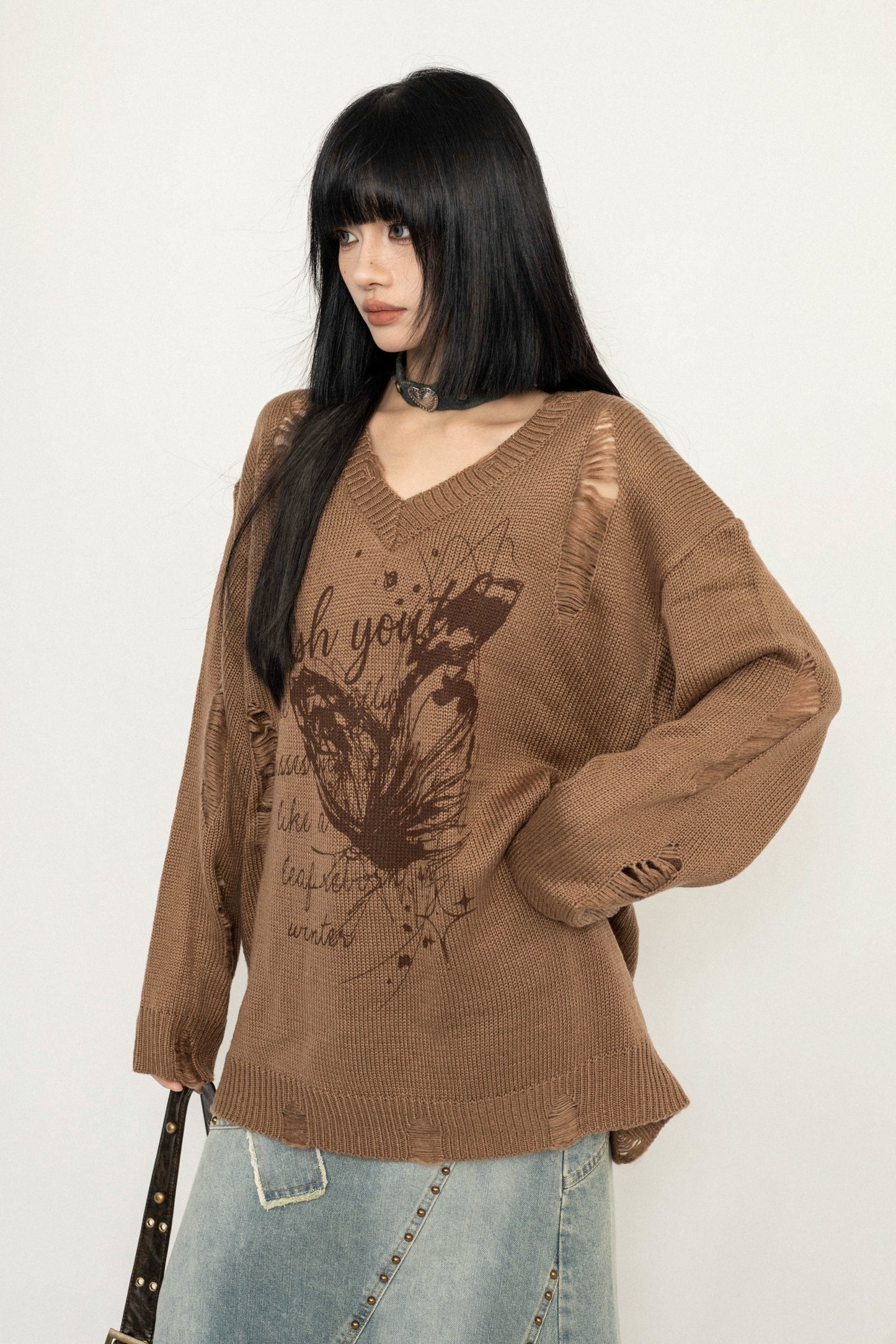 Coffee Knit Loose Fit Butterfly Sweater