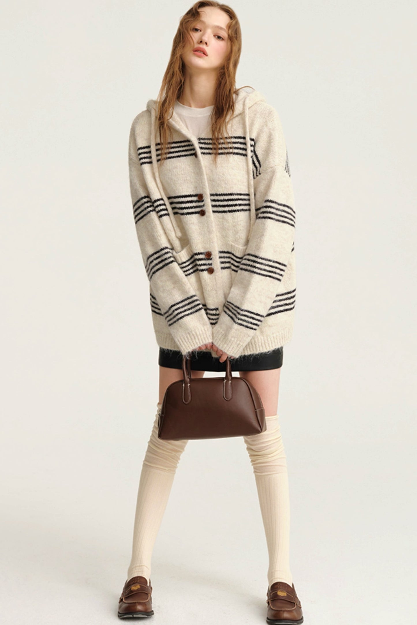 Slouchy Pinstripe Hooded Wool Cardigan