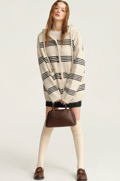 Slouchy Pinstripe Hooded Wool Cardigan