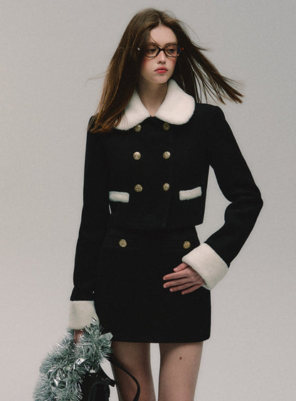 Collar woolen jacket and short skirt set