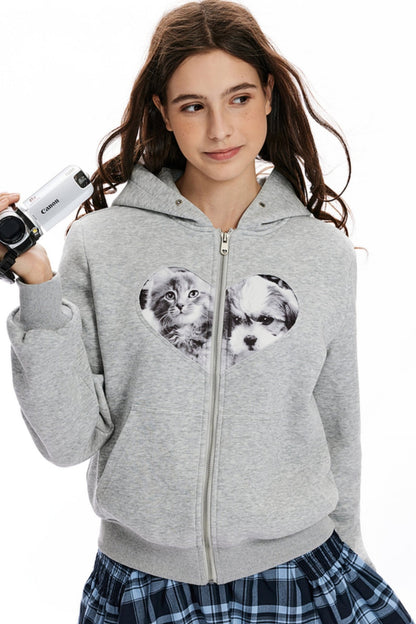 APEA American lässig Gefühl Katze und Hund Liebe Nähen Reißverschluss Top Frauen neue schlanke Kapuze Strickjacke Sweatshirt Jacke