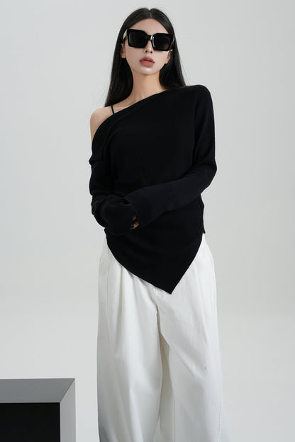 Strait Neckline Slanted Shoulder Sweater