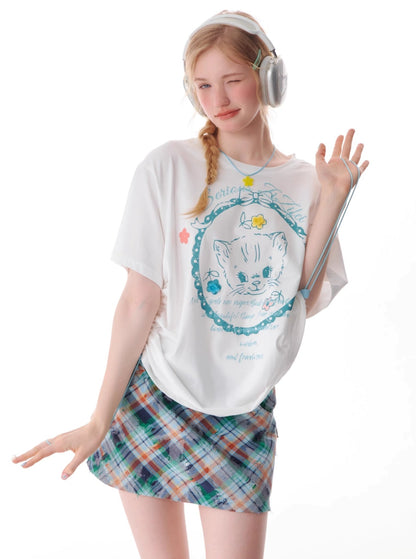 Loose Cat Print Drawstring T-Shirt