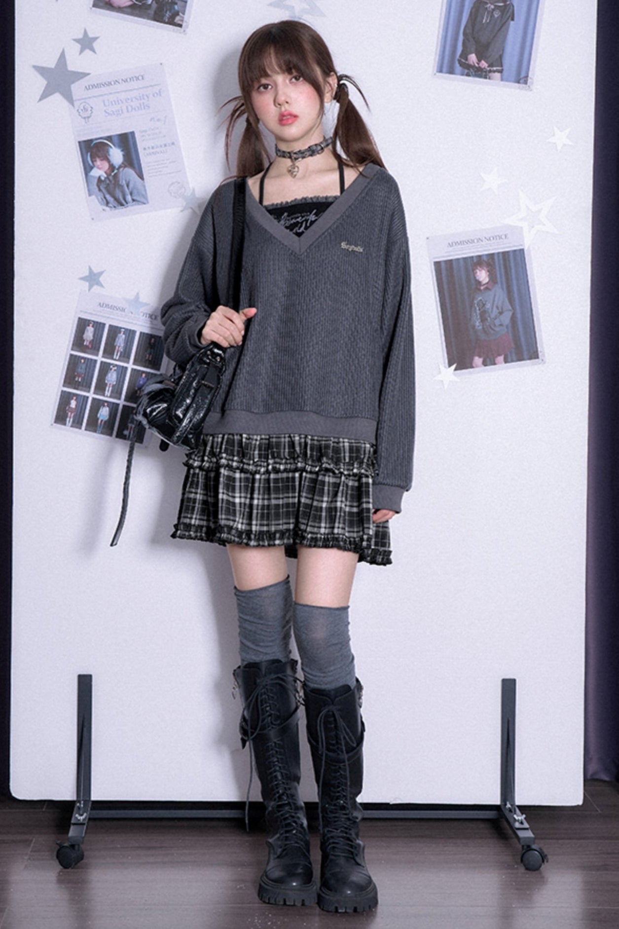 College-Stil Strick Fake-Zweiteiler Kleid 