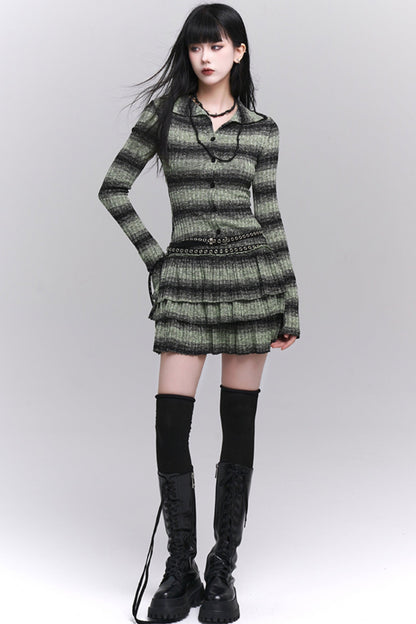 Early Autumn Thin Green Striped Knit Dress