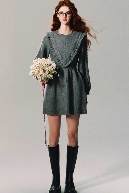 OAKMOO 'She Comes From the Wilderness' Dreidimensionale Blumen Court Sense Pullover Kleid Women's Fall 2024 Knitted Rock