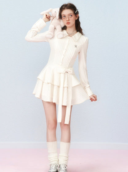 Long-sleeved bow cake dress