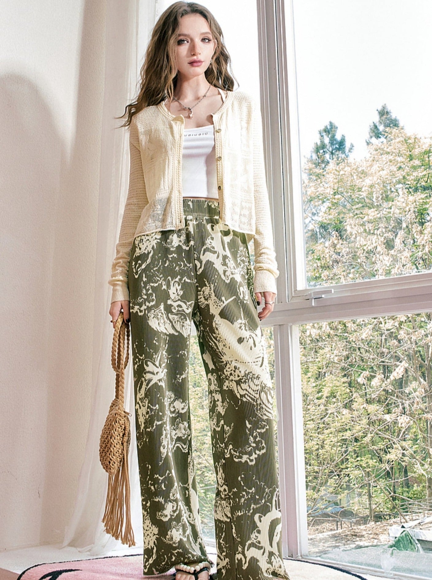 Vintage Print Wide-Leg Pants