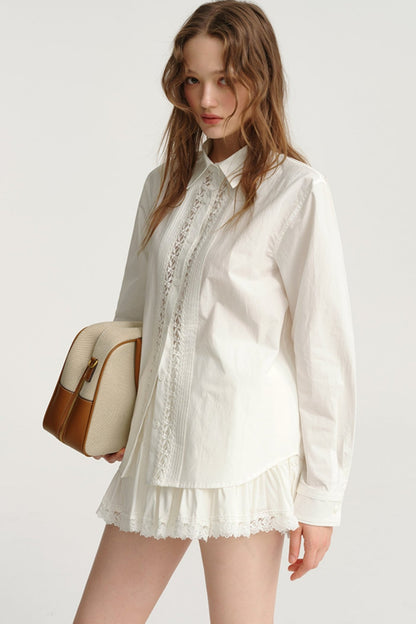 DESIGNER PLUS French Layering Long Sleeve Shirt Women's Fall 2024 Design Sense Lace Panelled White Shirt