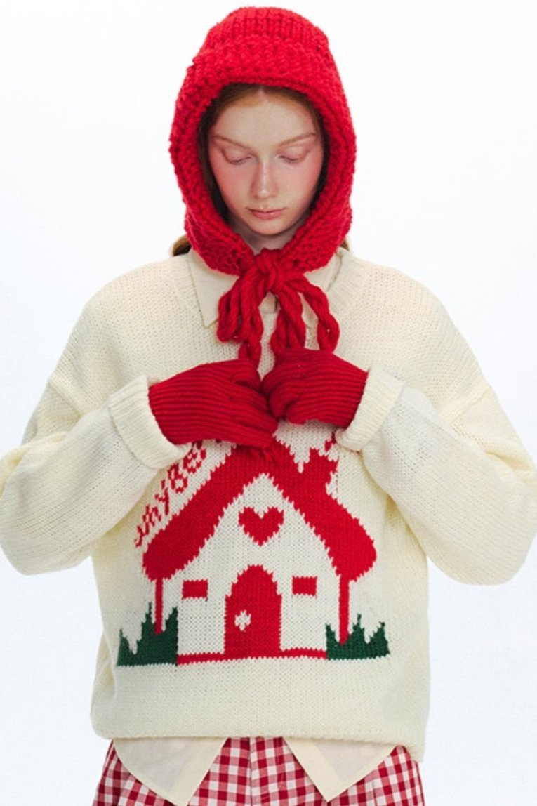 WhyBerry 24AW "Fairy Tale House" Cute Loose Little House Pullover Einfache Rundhalsausschnitt Lazy Style