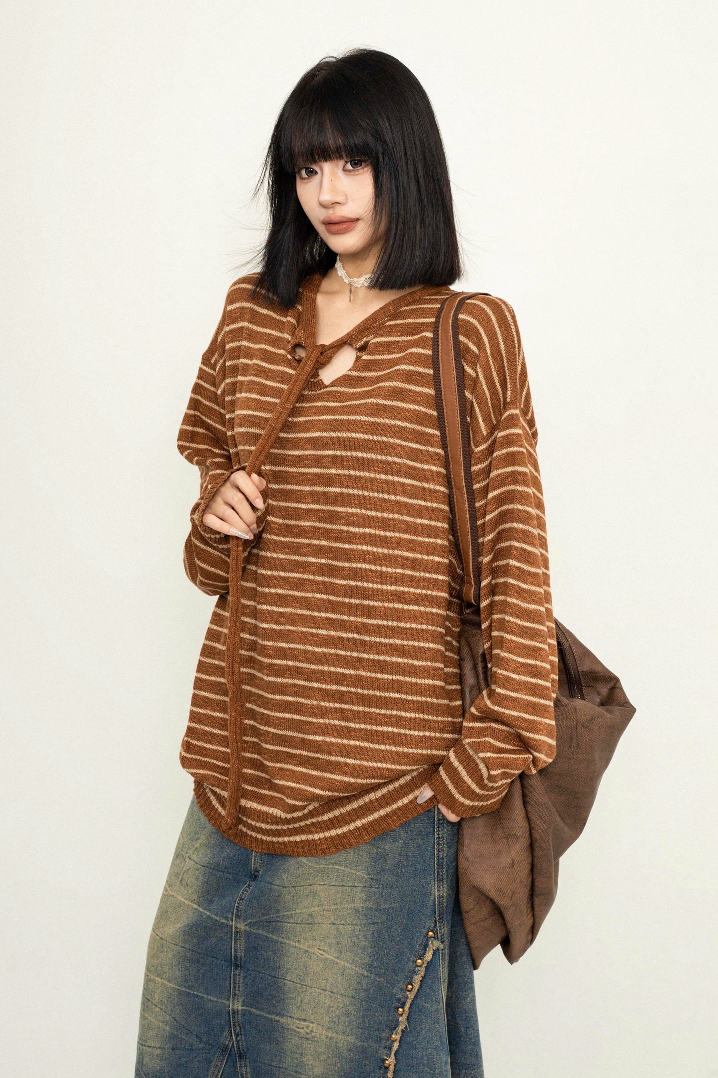 OCTTFLAB Herbst/Winter Lazy Lace-up Striped Loose Sweater Women's 2024 New Hooded Pullover Knit