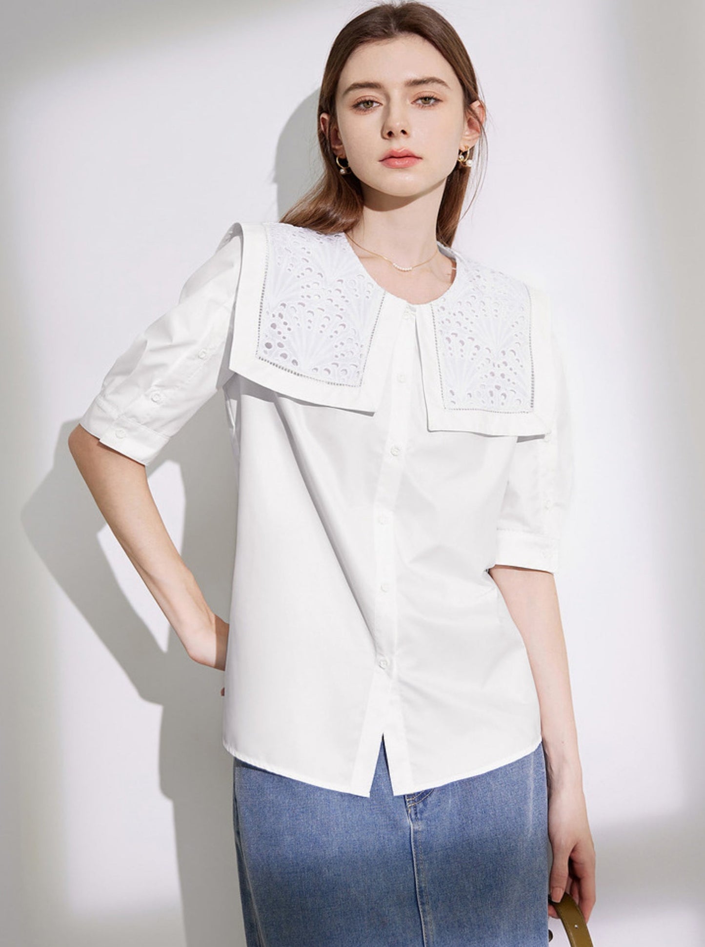 White Embroidery Design Short Shirt