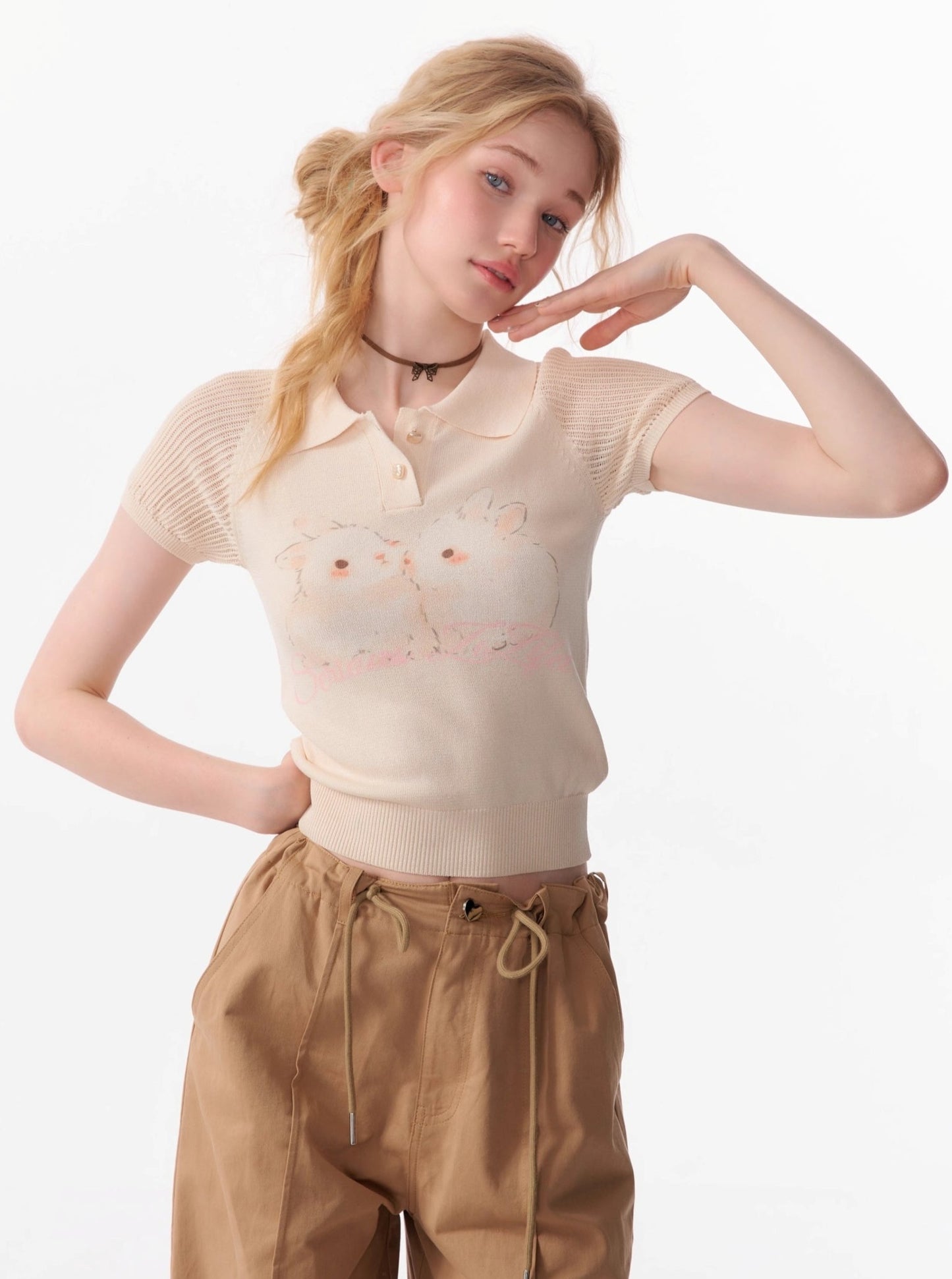 Rabbit Print Cut-Out Polo T-Shirt