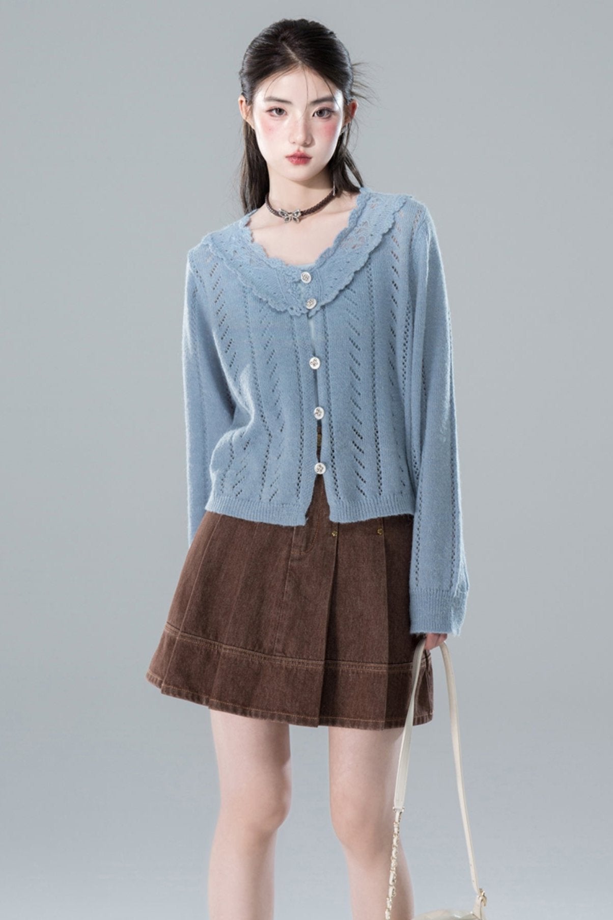 Mist Blue Crochet Mohair Cardigan