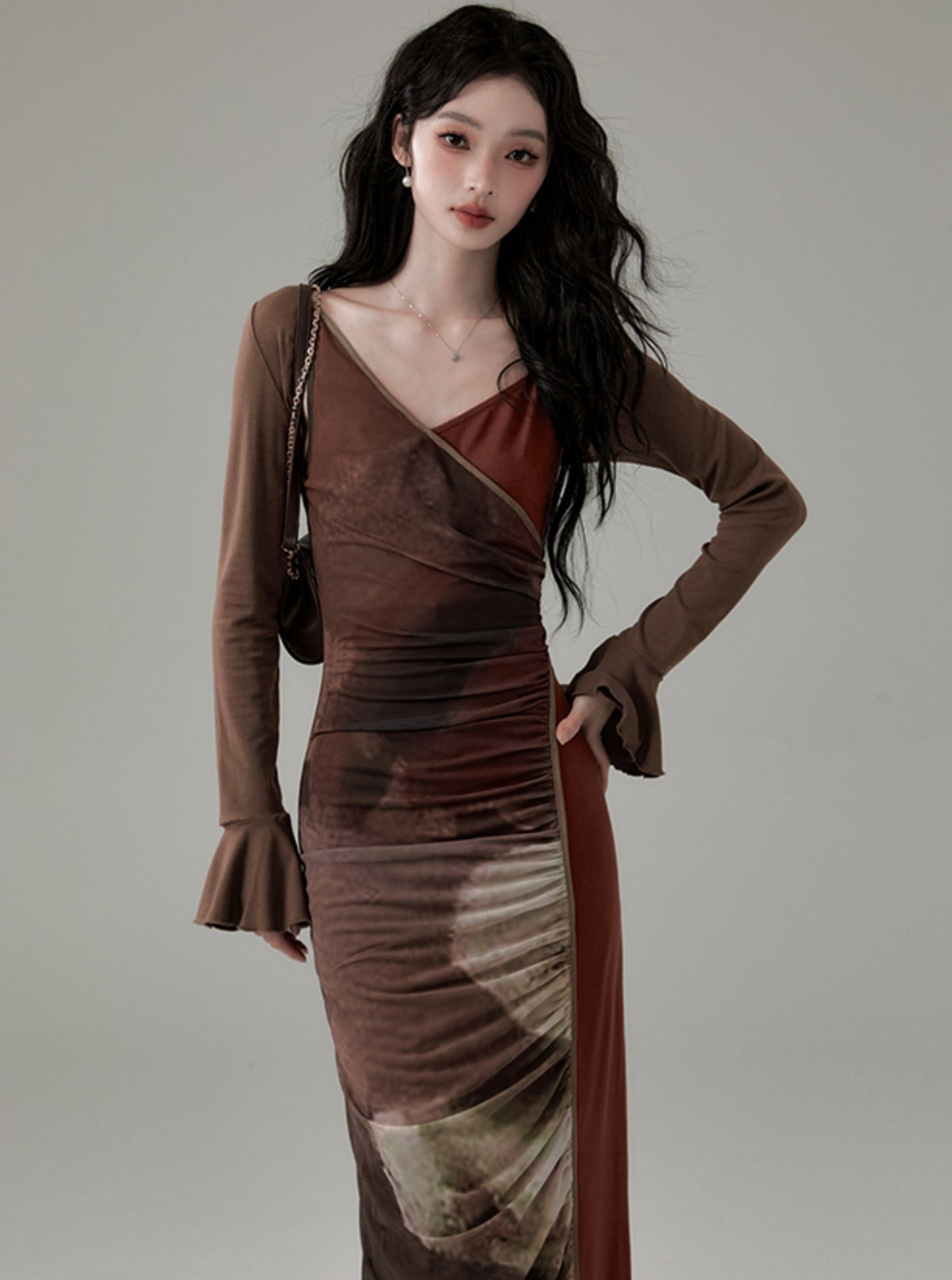 Brown Mesh V-Neck Slip Dress