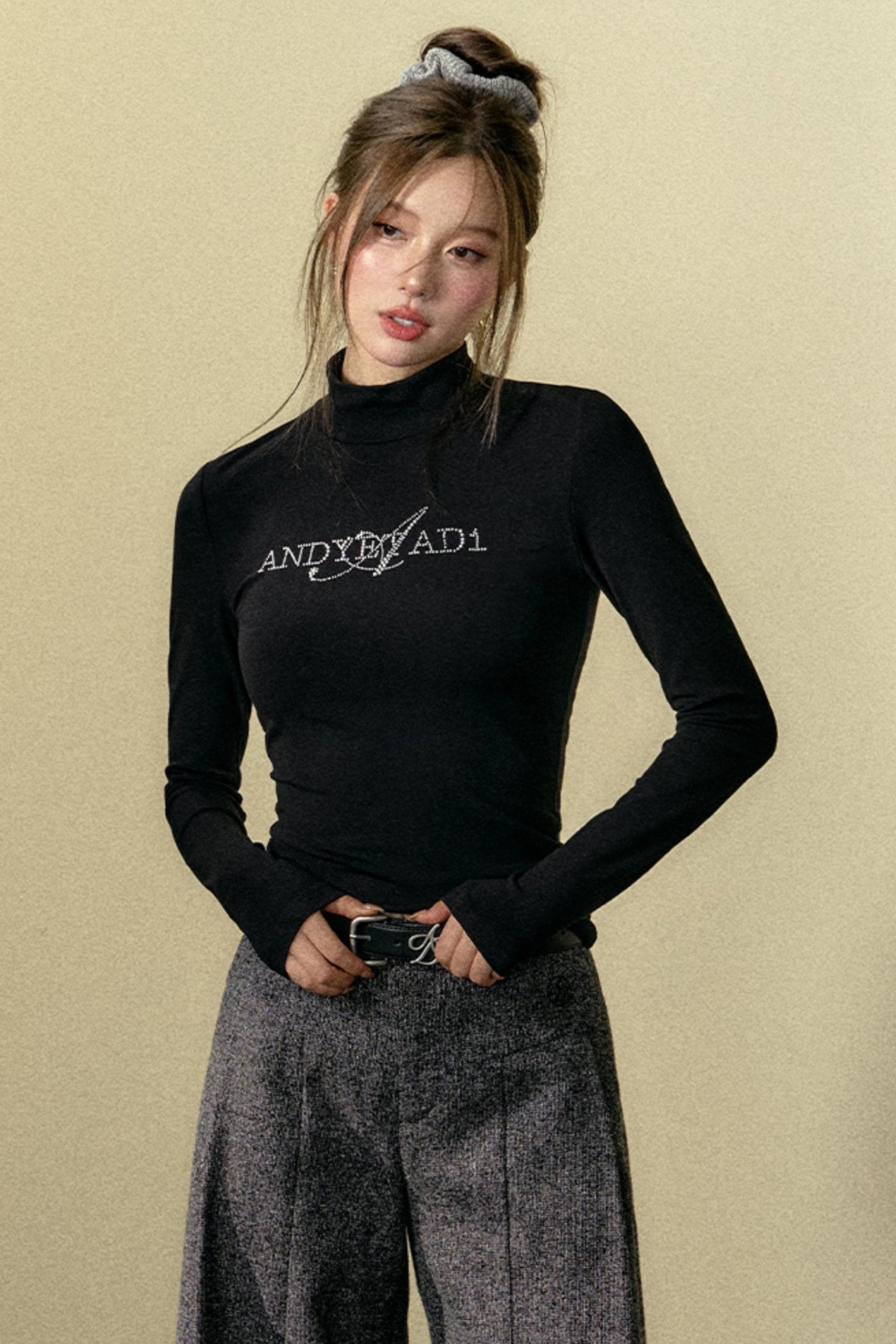 Embroidered Half-HIGH NECK LONG SLEEVE TOP