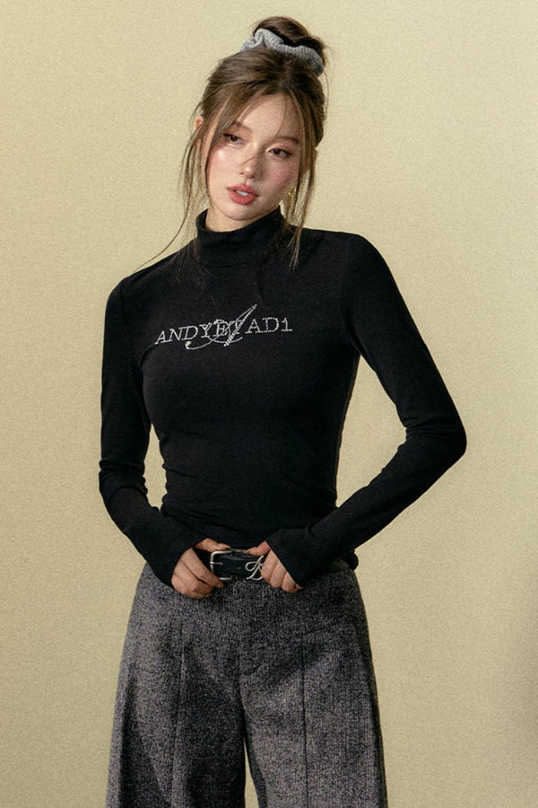 Embroidered Half-High Neck Long Sleeve Top