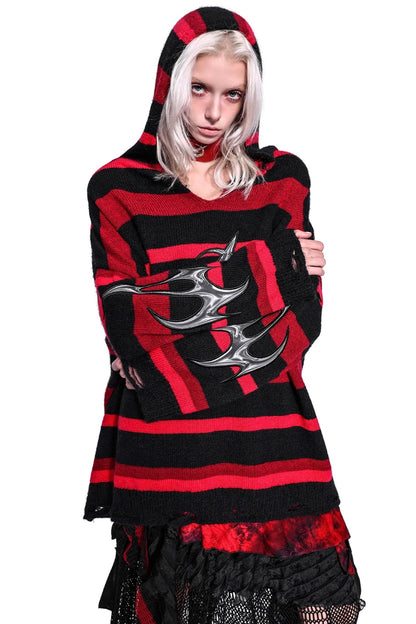 Hooded Embroidered Ripped Punk Sweater