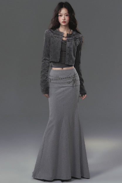 Dark Grey Cropped Lace Top