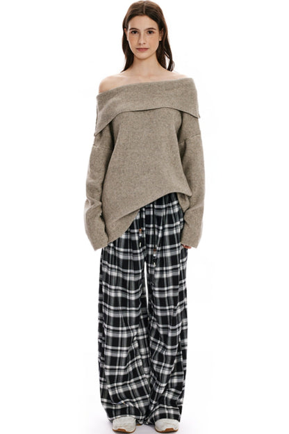 Checked Loose Wide-Leg Pants