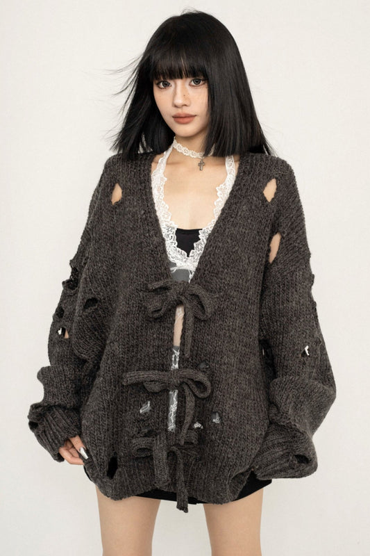 OCTTFLAB Korean Piercing Atmosphere, Large Neckline, Flesh Covering, Sense of Design, Top, Thin, Knitted Sweater, Cardigan Women