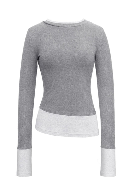 Gray Stitching V-Neck Slim Top